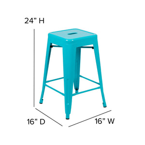 English Elm Commercial Grade Set of 4 Commercial Grade 24" High Backless Teal Metal Indoor Counter Height Stools with Teal- All-Weather Poly Resin Seats