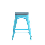 English Elm Commercial Grade Set of 4 Commercial Grade 24" High Backless Teal Metal Indoor Counter Height Stools with Teal- All-Weather Poly Resin Seats