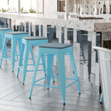 English Elm Commercial Grade Set of 4 Commercial Grade 24" High Backless Teal Metal Indoor Counter Height Stools with Teal- All-Weather Poly Resin Seats