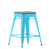 English Elm Commercial Grade Set of 4 Commercial Grade 24" High Backless Teal Metal Indoor Counter Height Stools with Teal- All-Weather Poly Resin Seats