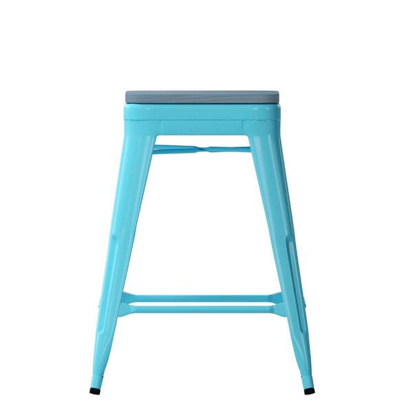 English Elm Commercial Grade Set of 4 Commercial Grade 24" High Backless Teal Metal Indoor Counter Height Stools with Teal- All-Weather Poly Resin Seats