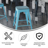 English Elm Commercial Grade Set of 4 Commercial Grade 24" High Backless Teal Metal Indoor Counter Height Stools with Teal- All-Weather Poly Resin Seats