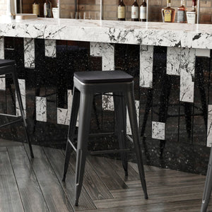 English Elm Commercial Grade Set of 4 Commercial Grade 30" High Backless Metal Indoor Bar Height Stools with All-Weather Poly Resin Seats