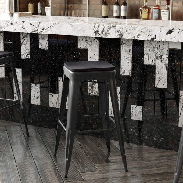 English Elm Commercial Grade Set of 4 Commercial Grade 30" High Backless Metal Indoor Bar Height Stools with All-Weather Poly Resin Seats
