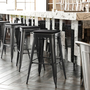 English Elm Commercial Grade Set of 4 Commercial Grade 30" High Backless Metal Indoor Bar Height Stools with All-Weather Poly Resin Seats