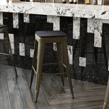 English Elm Commercial Grade Set of 4 Commercial Grade 30" High Backless Gunmetal Metal Indoor Bar Height Stools with Black All-Weather Poly Resin Seats