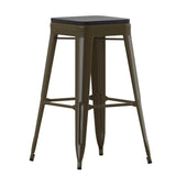 English Elm Commercial Grade Set of 4 Commercial Grade 30" High Backless Gunmetal Metal Indoor Bar Height Stools with Black All-Weather Poly Resin Seats