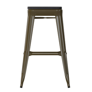 English Elm Commercial Grade Set of 4 Commercial Grade 30" High Backless Gunmetal Metal Indoor Bar Height Stools with Black All-Weather Poly Resin Seats