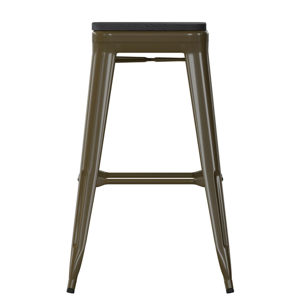 English Elm Commercial Grade Set of 4 Commercial Grade 30" High Backless Gunmetal Metal Indoor Bar Height Stools with Black All-Weather Poly Resin Seats