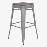 English Elm Commercial Grade Set of 4 Commercial Grade 30" High Backless Silver Metal Indoor Bar Height Stools with All-Weather Poly Resin Seats