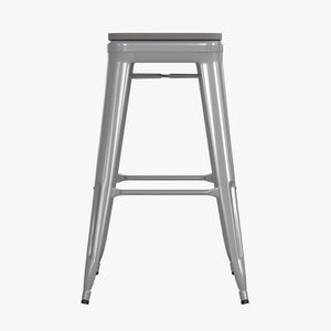 English Elm Commercial Grade Set of 4 Commercial Grade 30" High Backless Silver Metal Indoor Bar Height Stools with All-Weather Poly Resin Seats