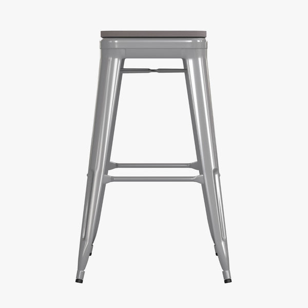 English Elm Commercial Grade Set of 4 Commercial Grade 30" High Backless Silver Metal Indoor Bar Height Stools with All-Weather Poly Resin Seats