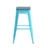 English Elm Commercial Grade Set of 4 Commercial Grade 30" High Backless Teal Metal Indoor Bar Height Stools with Teal- All-Weather Poly Resin Seats