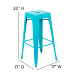 English Elm Commercial Grade Set of 4 Commercial Grade 30" High Backless Teal Metal Indoor Bar Height Stools with Teal- All-Weather Poly Resin Seats