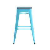 English Elm Commercial Grade Set of 4 Commercial Grade 30" High Backless Teal Metal Indoor Bar Height Stools with Teal- All-Weather Poly Resin Seats