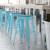 English Elm Commercial Grade Set of 4 Commercial Grade 30" High Backless Teal Metal Indoor Bar Height Stools with Teal- All-Weather Poly Resin Seats