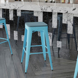 English Elm Commercial Grade Set of 4 Commercial Grade 30" High Backless Teal Metal Indoor Bar Height Stools with Teal- All-Weather Poly Resin Seats