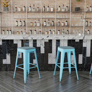 English Elm Commercial Grade Set of 4 Commercial Grade 30" High Backless Teal Metal Indoor Bar Height Stools with Teal- All-Weather Poly Resin Seats