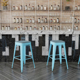 English Elm Commercial Grade Set of 4 Commercial Grade 30" High Backless Teal Metal Indoor Bar Height Stools with Teal- All-Weather Poly Resin Seats