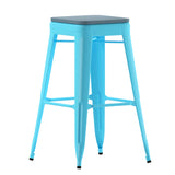 English Elm Commercial Grade Set of 4 Commercial Grade 30" High Backless Teal Metal Indoor Bar Height Stools with Teal- All-Weather Poly Resin Seats