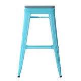 English Elm Commercial Grade Set of 4 Commercial Grade 30" High Backless Teal Metal Indoor Bar Height Stools with Teal- All-Weather Poly Resin Seats