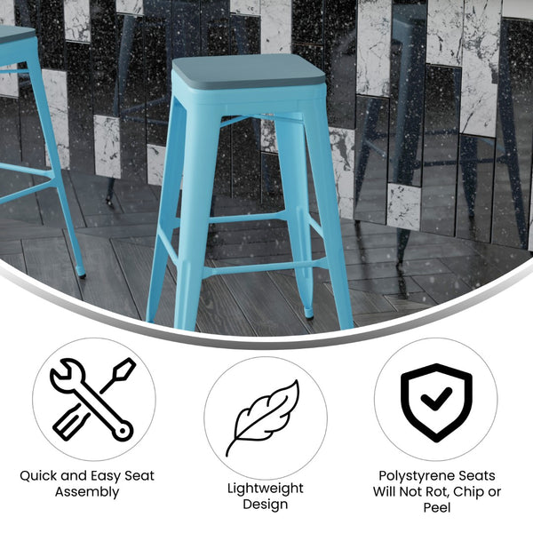 English Elm Commercial Grade Set of 4 Commercial Grade 30" High Backless Teal Metal Indoor Bar Height Stools with Teal- All-Weather Poly Resin Seats