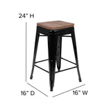 English Elm Commercial Grade Cierra 24" High Metal Counter-Height, Indoor Bar Stool with Wood Seat in - Stackable Set of 4