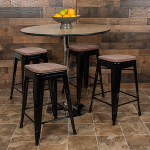 English Elm Commercial Grade Cierra 24" High Metal Counter-Height, Indoor Bar Stool with Wood Seat in - Stackable Set of 4