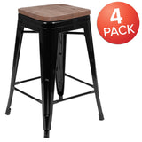 English Elm Commercial Grade Cierra 24" High Metal Counter-Height, Indoor Bar Stool with Wood Seat in - Stackable Set of 4