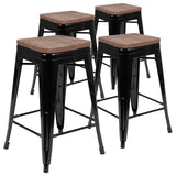 English Elm Commercial Grade Cierra 24" High Metal Counter-Height, Indoor Bar Stool with Wood Seat in - Stackable Set of 4