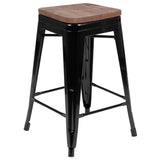 English Elm Commercial Grade Cierra 24" High Metal Counter-Height, Indoor Bar Stool with Wood Seat in - Stackable Set of 4