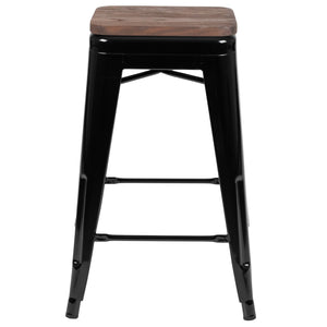 English Elm Commercial Grade Cierra 24" High Metal Counter-Height, Indoor Bar Stool with Wood Seat in - Stackable Set of 4