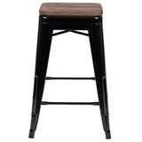 English Elm Commercial Grade Cierra 24" High Metal Counter-Height, Indoor Bar Stool with Wood Seat in - Stackable Set of 4