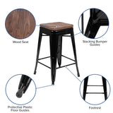 English Elm Commercial Grade Cierra 24" High Metal Counter-Height, Indoor Bar Stool with Wood Seat in - Stackable Set of 4