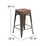 English Elm Commercial Grade Cierra 24" High Metal Counter-Height, Indoor Bar Stool with Wood Seat in - Stackable Set of 4