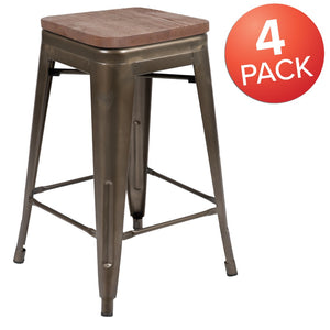 English Elm Commercial Grade Cierra 24" High Metal Counter-Height, Indoor Bar Stool with Wood Seat in - Stackable Set of 4