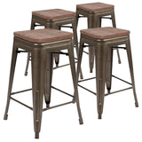 English Elm Commercial Grade Cierra 24" High Metal Counter-Height, Indoor Bar Stool with Wood Seat in - Stackable Set of 4