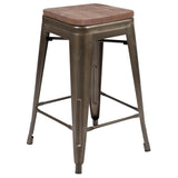 English Elm Commercial Grade Cierra 24" High Metal Counter-Height, Indoor Bar Stool with Wood Seat in - Stackable Set of 4