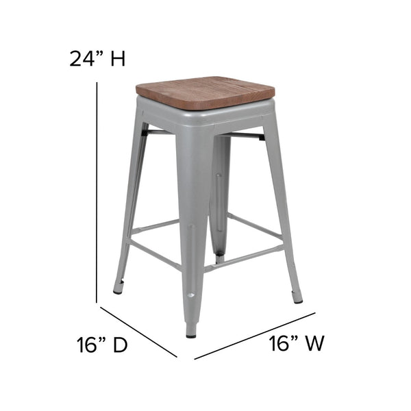 English Elm Commercial Grade Cierra 24" High Metal Counter-Height, Indoor Bar Stool with Wood Seat in - Stackable Set of 4