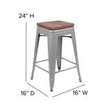 English Elm Commercial Grade Cierra 24" High Metal Counter-Height, Indoor Bar Stool with Wood Seat in - Stackable Set of 4