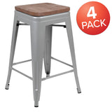 English Elm Commercial Grade Cierra 24" High Metal Counter-Height, Indoor Bar Stool with Wood Seat in - Stackable Set of 4