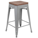 English Elm Commercial Grade Cierra 24" High Metal Counter-Height, Indoor Bar Stool with Wood Seat in - Stackable Set of 4