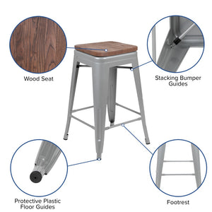 English Elm Commercial Grade Cierra 24" High Metal Counter-Height, Indoor Bar Stool with Wood Seat in - Stackable Set of 4