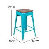 English Elm Commercial Grade Cierra 24" High Metal Counter-Height, Indoor Bar Stool with Wood Seat in - Stackable Set of 4