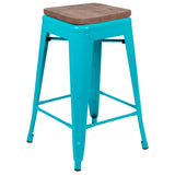 English Elm Commercial Grade Cierra 24" High Metal Counter-Height, Indoor Bar Stool with Wood Seat in - Stackable Set of 4