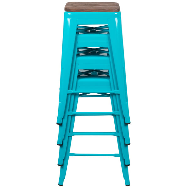 English Elm Commercial Grade Cierra 24" High Metal Counter-Height, Indoor Bar Stool with Wood Seat in - Stackable Set of 4