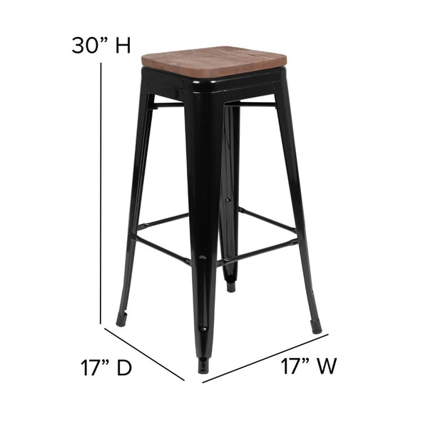 English Elm Commercial Grade Cierra 30" High Metal Indoor Bar Stool with Wood Seat in - Stackable Set of 4