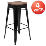 English Elm Commercial Grade Cierra 30" High Metal Indoor Bar Stool with Wood Seat in - Stackable Set of 4