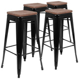 English Elm Commercial Grade Cierra 30" High Metal Indoor Bar Stool with Wood Seat in - Stackable Set of 4