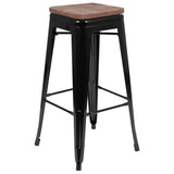 English Elm Commercial Grade Cierra 30" High Metal Indoor Bar Stool with Wood Seat in - Stackable Set of 4